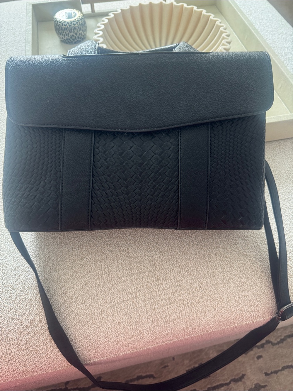 Black Textured Leather Top-Handle HandBag